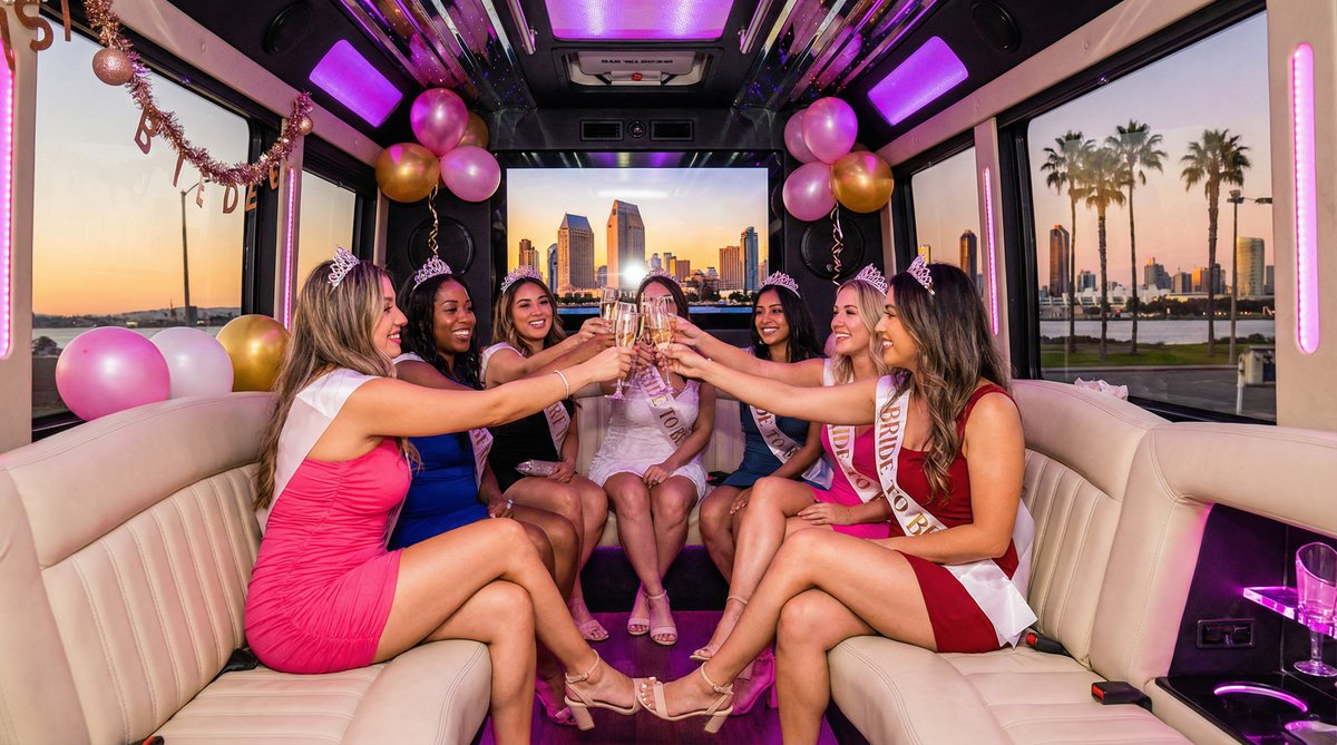 Women celebrating bachelorette party on luxury party bus in San Diego