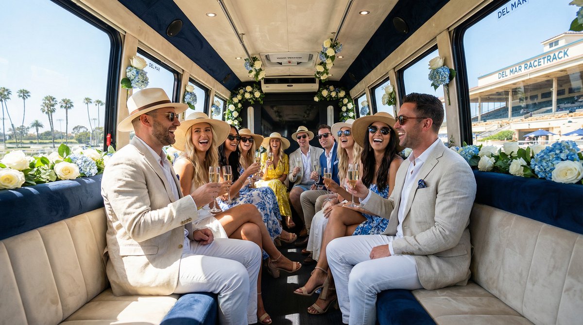 Stylish group arriving at Del Mar Racetrack on a luxury party bus