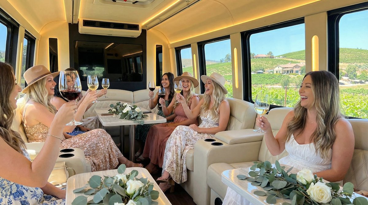Women on a luxury party bus winery tour in San Diego wine country